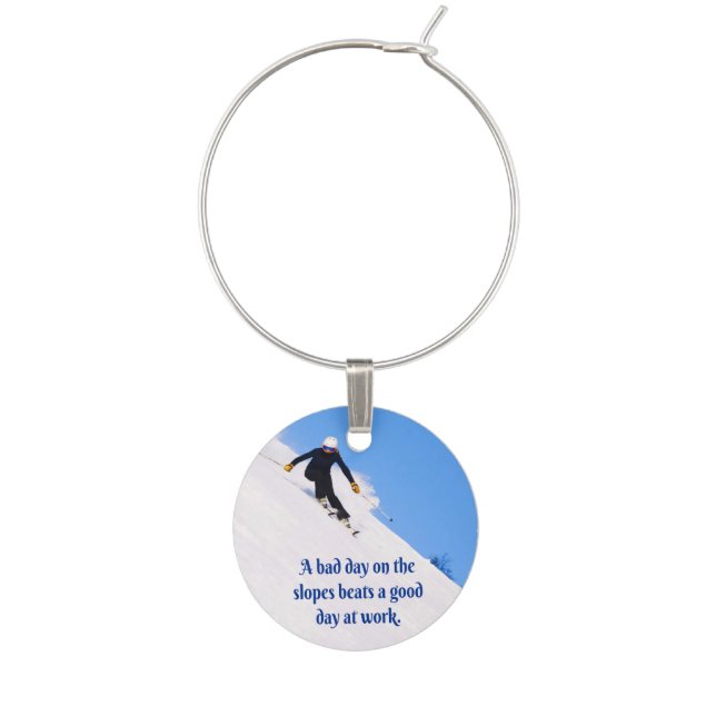 Mountain Ski Slopes Fresh Snow Fall Skiing Funny Wine Charm (Front)