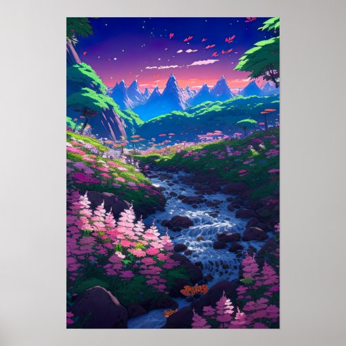 Mountain Stream a Majestic View of Pink Blossoms Poster
