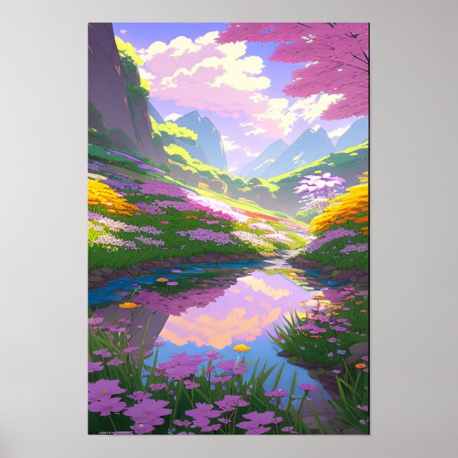 Mountain Stream, Colorful Flower-Filled Riverside Poster (Front)