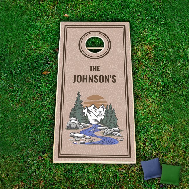 Mountain Stream Modern Adventure Cornhole Set (Mountain Stream Cornhole Set with Custom Name)