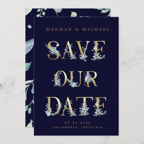 mountain summer floral gold letters Save the Date Invitation