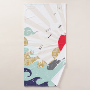 mountain sun japanese illustration bath towel