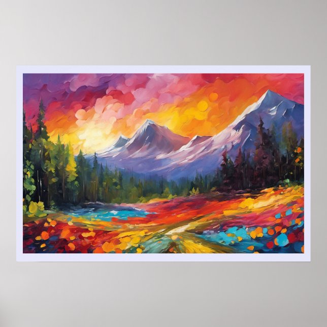 Mountain Sunrise Colorful Impressionistic Art Poster (Front)