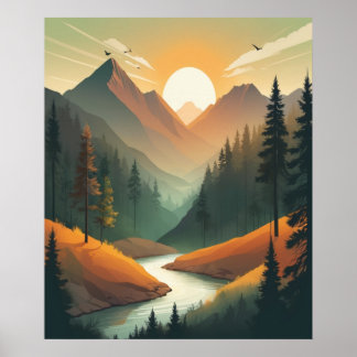 Mountain Sunrise Illustration: Detailed Landscape Poster
