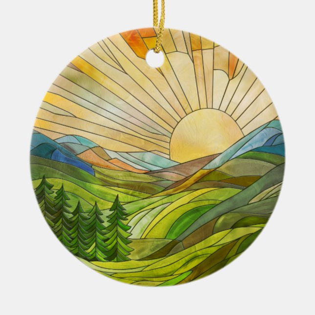 Mountain Sunrise Mosaic Digital Art Ceramic Ornament (Front)