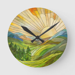 Mountain Sunrise Mosaic Digital Art Round Clock