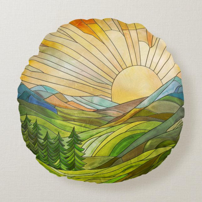 Mountain Sunrise Mosaic Digital Art Round Pillow (Front)