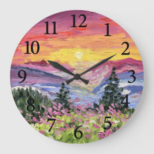 Mountain Sunrise with Wildflowers Large Clock