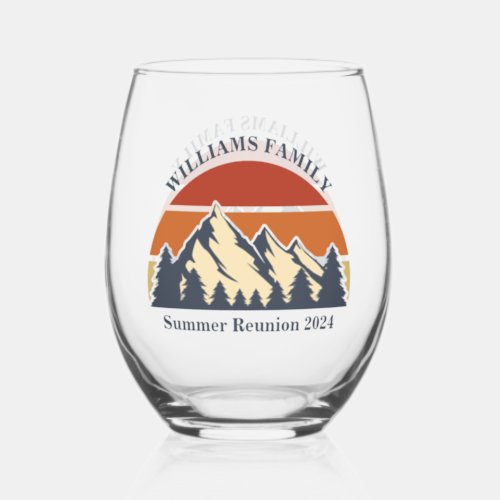 Mountain Sunset Cabin Customizable Family Reunion Stemless Wine Glass