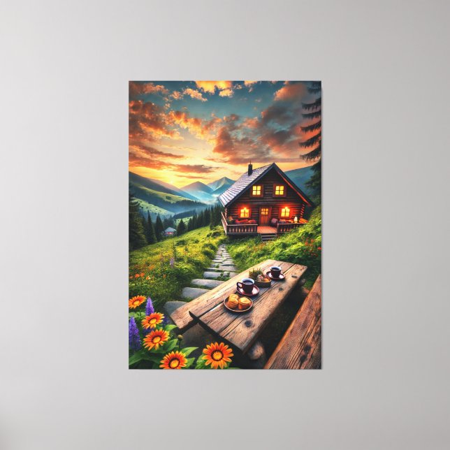 Mountain Sunset Cabin Serenity Canvas Print (Front)