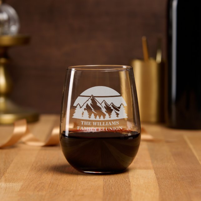 Mountain Sunset Customized Family Reunion Stemless Wine Glass (Party)