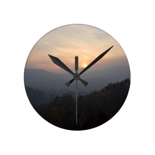 mountain sunset in a haze round clock mountain sunset in a haze round clock