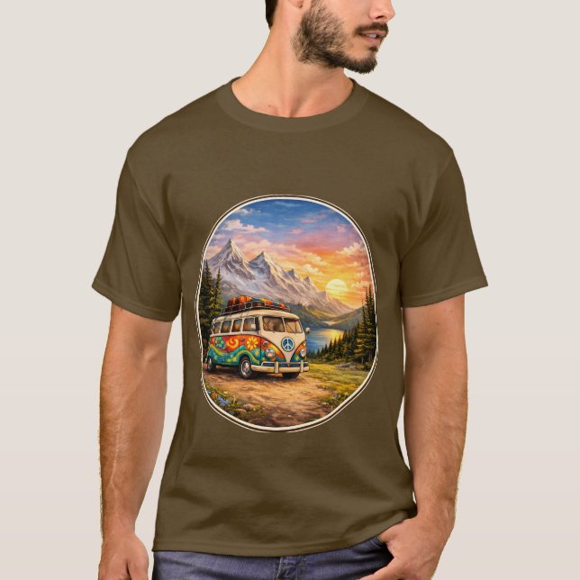 Mountain Sunset Lake Scene | Retro Hippie Van Life T-Shirt (Front)