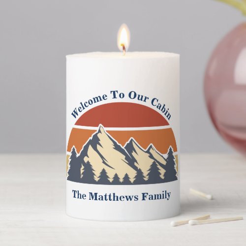 Mountain Sunset Log Cabin Personalized Pillar Candle