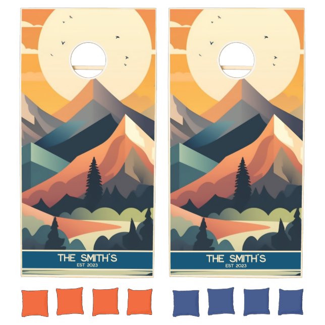 Mountain Sunset Personalized Family Name Cornhole Set (Set)