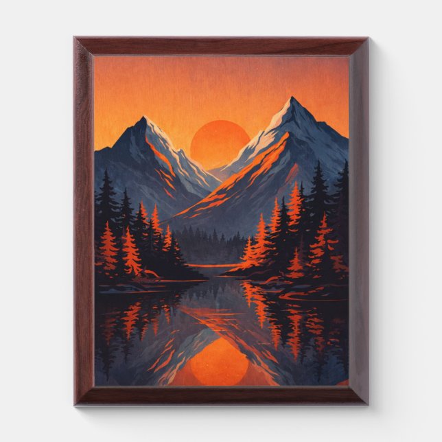 Mountain Sunset Reflection Fiery Orange Sky  Award Plaque (Vertical)