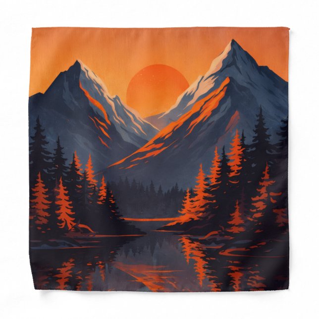 Mountain Sunset Reflection Fiery Orange Sky  Bandana (Front)