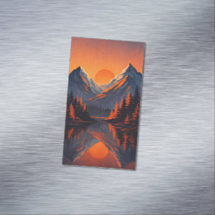Mountain Sunset Reflection Fiery Orange Sky Business Card Magnet