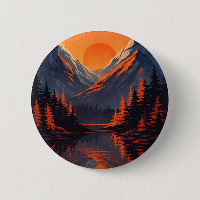 Mountain Sunset Reflection Fiery Orange Sky  Button (Front)