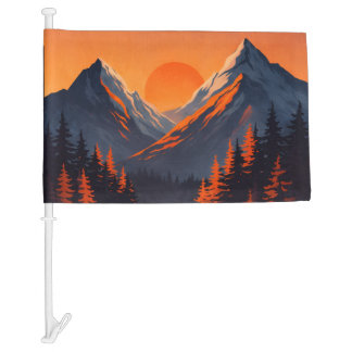 Mountain Sunset Reflection Fiery Orange Sky  Car Flag
