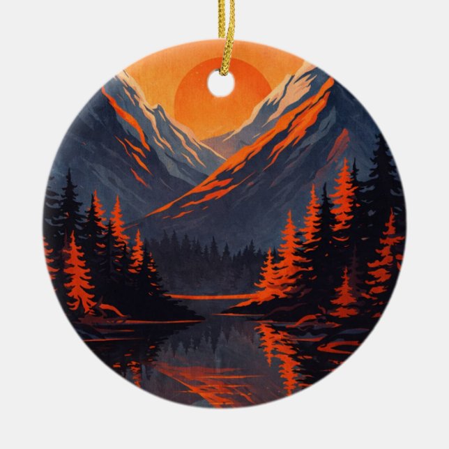 Mountain Sunset Reflection Fiery Orange Sky  Ceramic Ornament (Front)