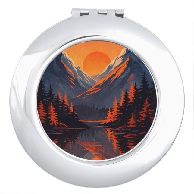 Mountain Sunset Reflection Fiery Orange Sky  Compact Mirror (Front)