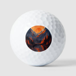 Mountain Sunset Reflection Fiery Orange Sky Golf Balls
