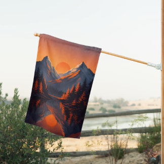 Mountain Sunset Reflection Fiery Orange Sky  House Flag