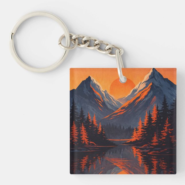 Mountain Sunset Reflection Fiery Orange Sky  Keychain (Front)