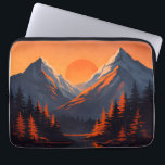 Mountain Sunset Reflection Fiery Orange Sky Laptop Sleeve<br><div class="desc">A stunning, stylized mountain vista bathed in the warm glow of a setting sun — where snow-capped peaks, silhouetted pines, and a glassy lake create a perfect reflection of heaven on earth. This mesmerizing design features: A blazing orange sun sinking between two majestic, shadowed mountains Deep evergreen trees glowing with...</div>