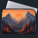 Mountain Sunset Reflection Fiery Orange Sky  Laptop Sleeve<br><div class="desc">A stunning, stylized mountain vista bathed in the warm glow of a setting sun — where snow-capped peaks, silhouetted pines, and a glassy lake create a perfect reflection of heaven on earth. This mesmerizing design features: A blazing orange sun sinking between two majestic, shadowed mountains Deep evergreen trees glowing with...</div>