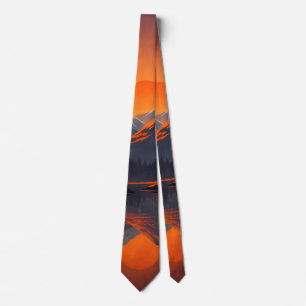 Mountain Sunset Reflection Fiery Orange Sky Neck Tie
