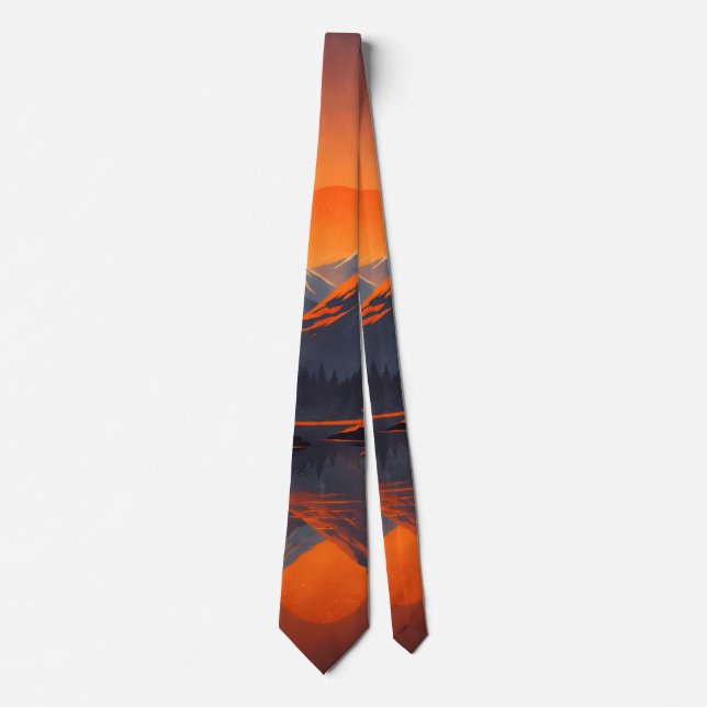 Mountain Sunset Reflection Fiery Orange Sky  Neck Tie (Front)