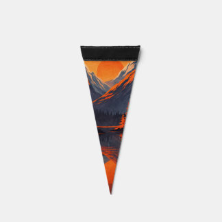 Mountain Sunset Reflection Fiery Orange Sky  Pennant Flag