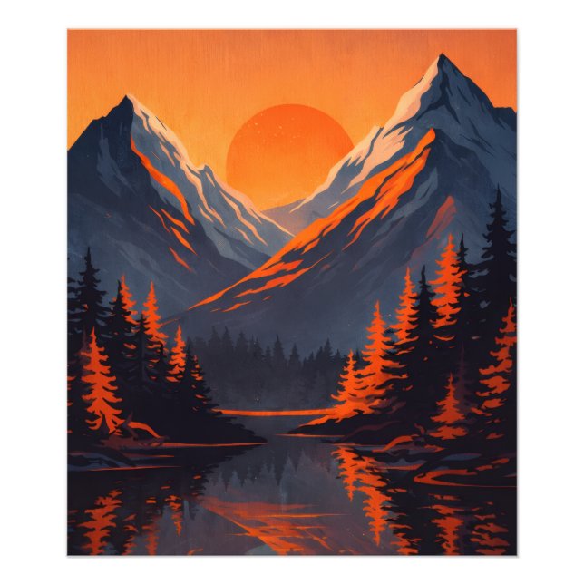 Mountain Sunset Reflection Fiery Orange Sky  Photo Print (Front)