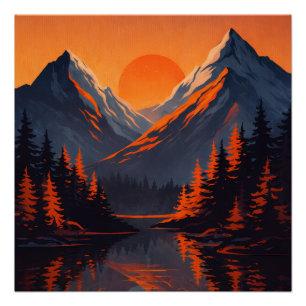 Mountain Sunset Reflection Fiery Orange Sky  Poster