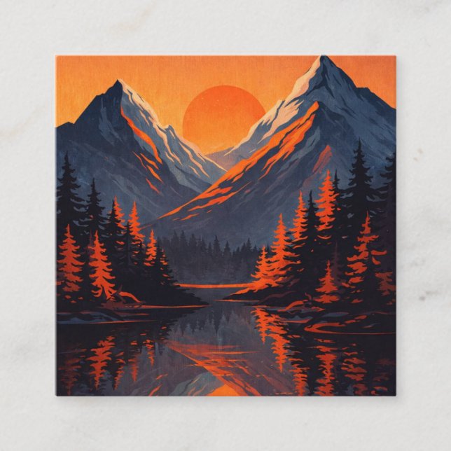 Mountain Sunset Reflection Fiery Orange Sky  Square Business Card (Front)