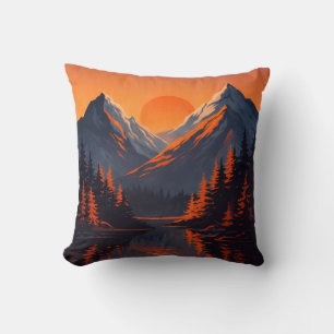 Mountain Sunset Reflection Fiery Orange Sky  Throw Pillow