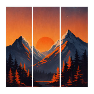 Mountain Sunset Reflection Fiery Orange Sky Triptych
