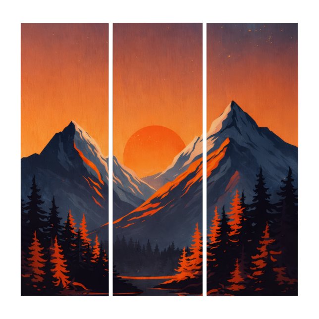 Mountain Sunset Reflection Fiery Orange Sky  Triptych (Front)