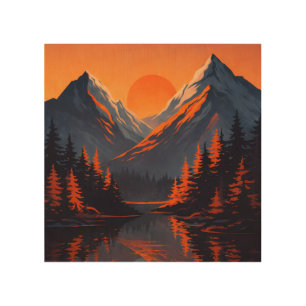 Mountain Sunset Reflection Fiery Orange Sky  Wood Wall Art