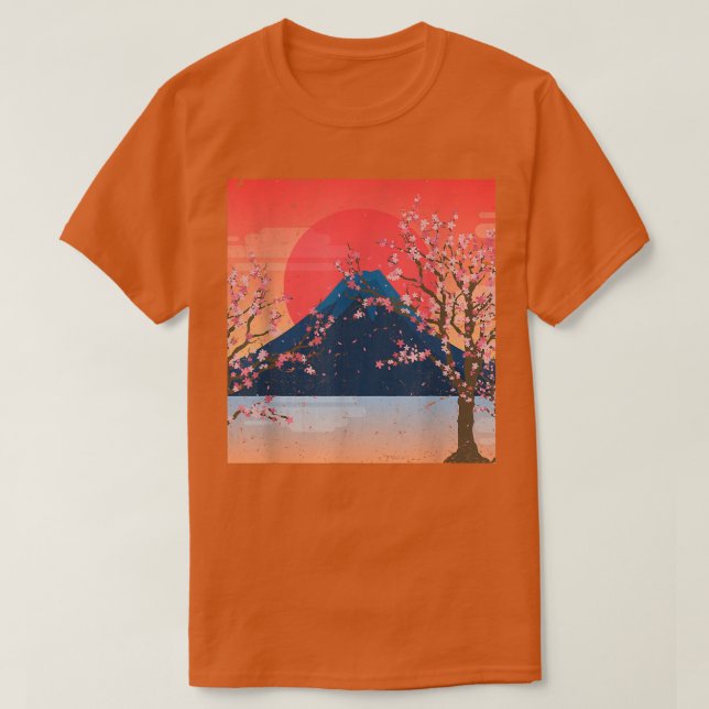 Mountain Sunset Sakura Pink Flower Tree Cherry Blo T-Shirt (Design Front)