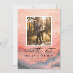 Mountain Sunset Watercolor Rustic Wedding Photo Save The Date