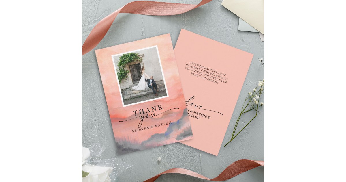 Mountain Sunset Watercolor Rustic Wedding Photo Thank You Card | Zazzle