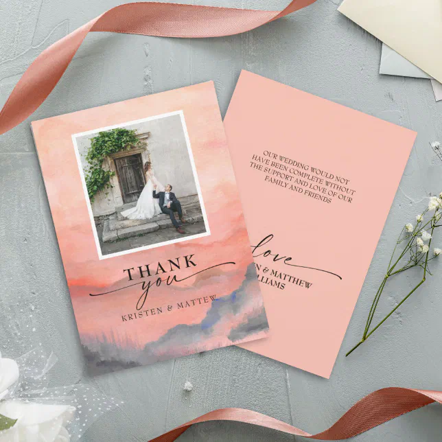 Mountain Sunset Watercolor Rustic Wedding Photo Thank You Card | Zazzle