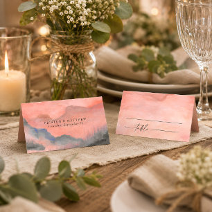 Mountain Sunset Watercolor Rustic Wedding Place Card
