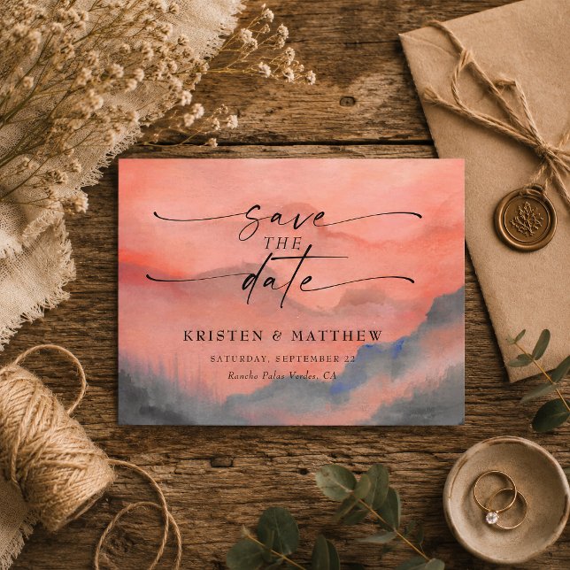Mountain Sunset Watercolor Rustic Wedding Save The Date (Announce your upcoming celebration in style with this mountain sunset watercolor save the date.)