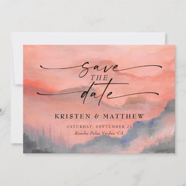 Mountain Sunset Watercolor Rustic Wedding Save The Date (Front)