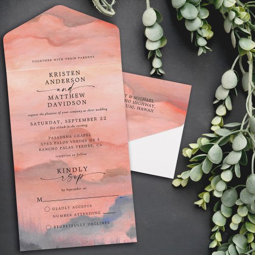 Mountain Sunset Watercolor Wedding All In One Invitation