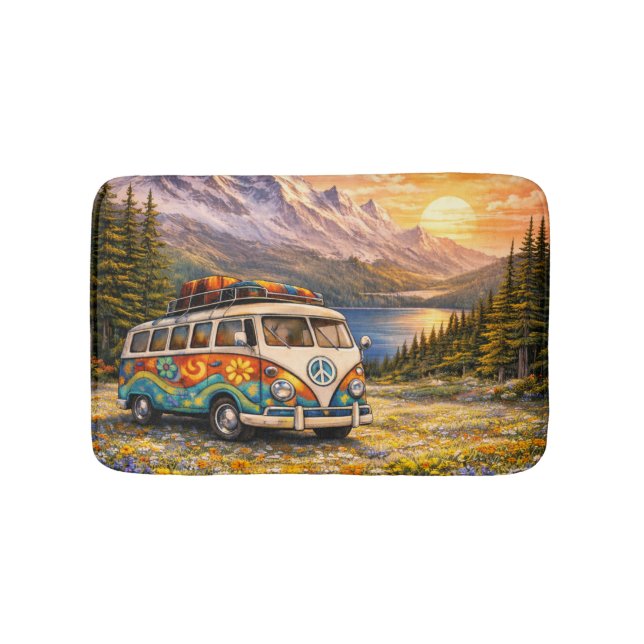 Mountain Sunset Wildflowers Retro Hippie Van Life Bath Mat (Front)